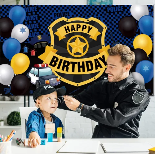 Miniatura 3 de Irenare Decoraciones de fiesta de cumpleaños de policía, suministros de decoración de fiesta de coche de policía, pancarta grande con insignia