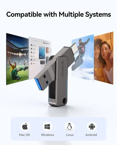 Miniatura 6 de ORICO Memoria USB 3.0 de alta velocidad USB 3.0 de 32 GB, diseño giratorio de aleación de zinc, compatible con iPhone 15/16/17, Android, Mac, PC