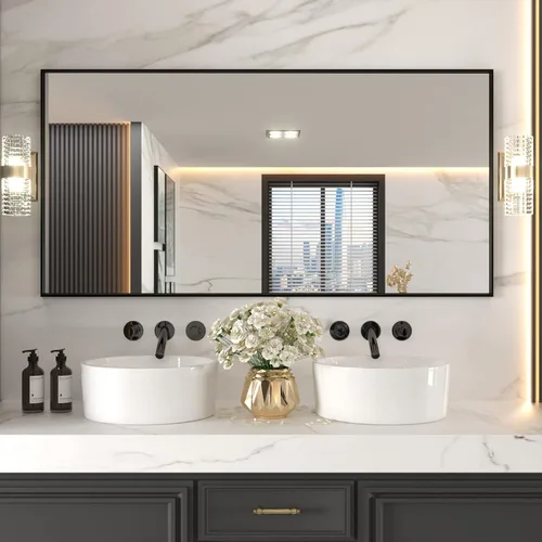 Miniatura 25 de LOAAO Espejo de Baño Rectangular de 22"X30" Negro para Pared, Marco de Aleación de Aluminio Negro Mate, Se Cuelga Vertical u Horizontalmente, Fácil