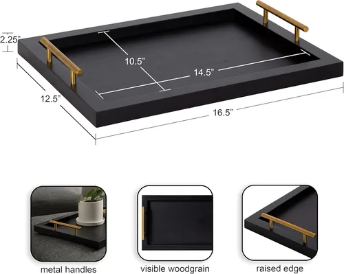 Miniatura 2 de Kate and Laurel Halsey Bandeja rectangular de madera decorativa con asas de metal pulido; 17 x 13; negro y dorado; moderna bandeja rectangular