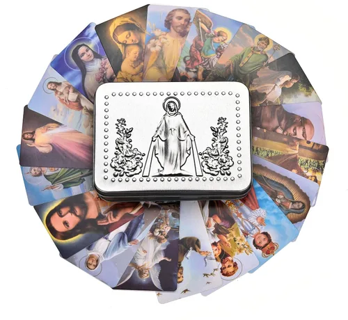 Tarjetas sagradas católicas de oración con caja de metal, regalos católicos, tarjetas sagradas surtidas con santos católicos y oraciones, 144