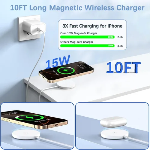 Miniatura 4 de 【Certificado Apple MFi】Cargador inalámbrico magnético, paquete de 2 cargadores Apple Mag-Safe de 10 pies, carga rápida MagSafe inalámbrica