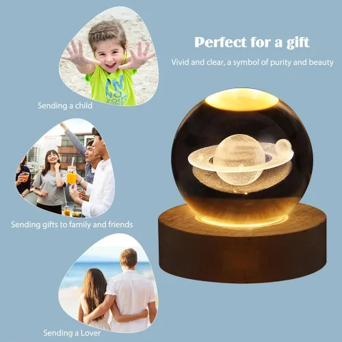 Miniatura 9 de Luz nocturna LED de bola de cristal, sistema de la Vía Láctea, lámpara de noche de cristal grabada en 3D con base de madera, carga USB