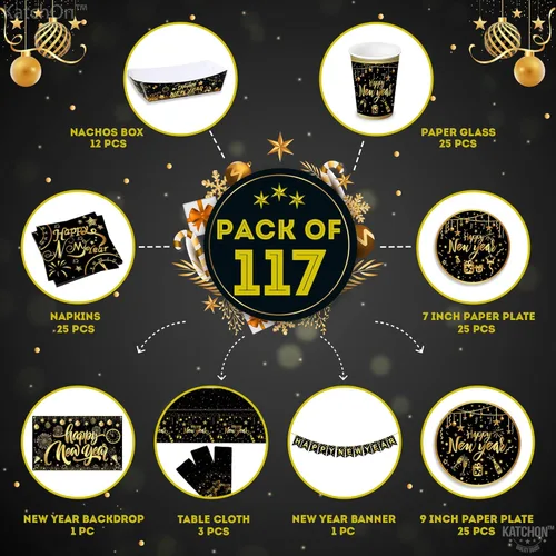 Miniatura 2 de KatchOn, Juego enorme de decoraciones de mesa de Año Nuevo, paquete de 117 Suministros de fiesta de Feliz Año Nuevo 2026 Cartel de Feliz Año