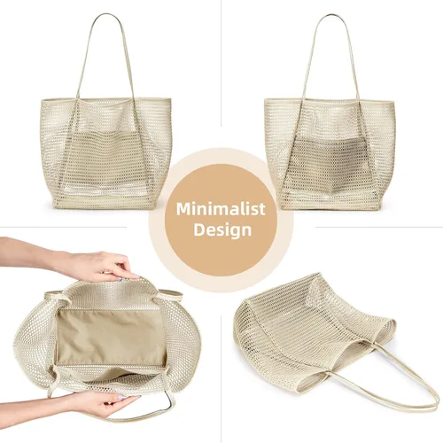 Miniatura 6 de KALIDI Bolsa de mano de malla de nailon para playa, bolso de mano casual para mujer, plegable MAX 23L, bolso de hombro para vacaciones de picnic