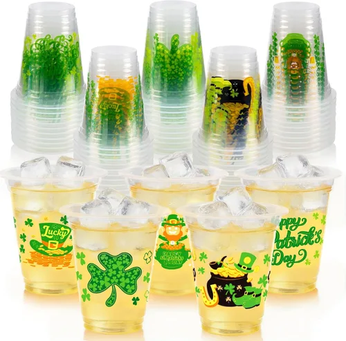 Vasos desechables para el día de San Patricio, 50 vasos de plástico transparente desechables de trébol verde de 12 onzas con múltiples estilos de