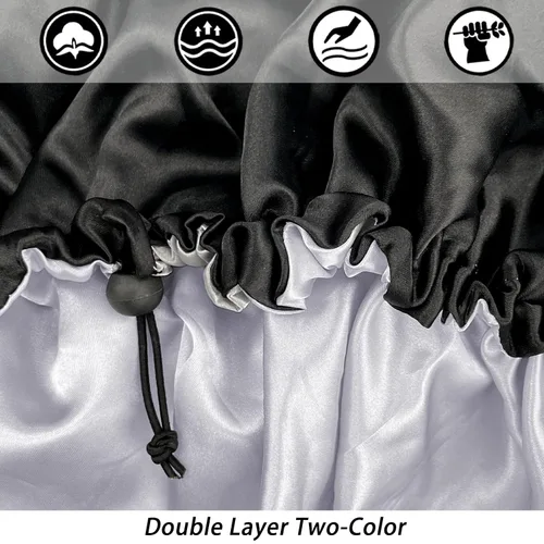 Miniatura 2 de Gorro de seda de satén para cabello rizado, gorro trenzado para dormir, para mujer, grande, doble capa ajustable (2 unidades, negro)
