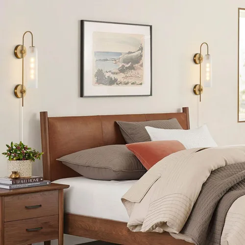 Miniatura 8 de BOKT Apliques de pared modernos de mediados de siglo con enchufe para interiores, largos, oro cepillado, vidrio blanco leche, apliques