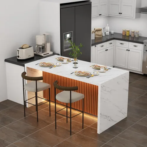 Miniatura 3 de Mesa de comedor grande de mármol de imitación de 63 pulgadas para 4-6 personas, mesa de isla de cocina con luces LED, mesa de comedor de cocina