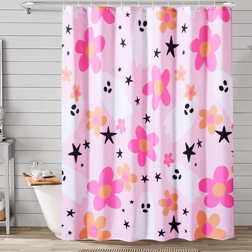 Miniatura 9 de Juego de cortina de ducha de baño con fantasmas florales con ganchos, cortinas de ducha de tela resistente de 180 GSM, 72 x 72 pulgadas, bonita
