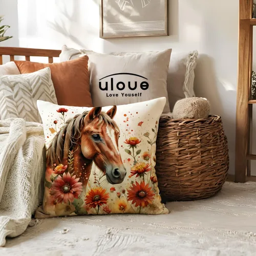 Miniatura 3 de ULOVE LOVE YOURSELF Paquete de 4 fundas de almohada de caballo con flores silvestres, fundas de almohada de caballo en acuarela rústica para Marrón