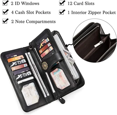 Miniatura 5 de BROMEN Billeteras de cuero para mujer cartera grande de mano para teléfono 2-negro Vintage