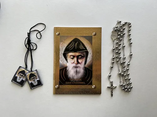 Miniatura 2 de Conjunto de San Charbel:"Novena San Charbel" Libro de Rezo, Rosario de Inoxidable y Estatua de San Charbel