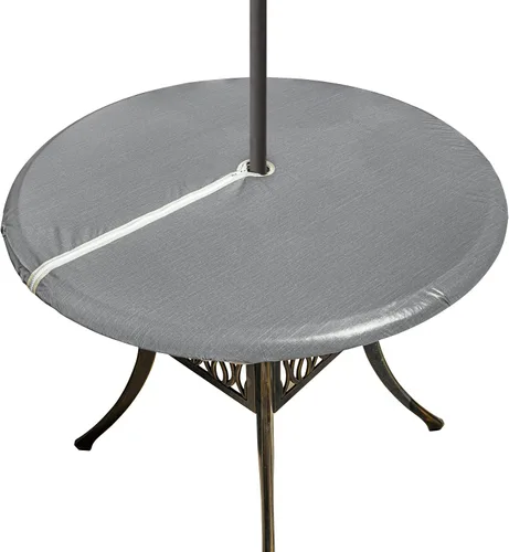 Miniatura 9 de Mantel redondo de vinilo con agujero para paraguas y cremallera, mantel ajustable 100% impermeable, fácil de limpiar, cubierta de mesa de PVC