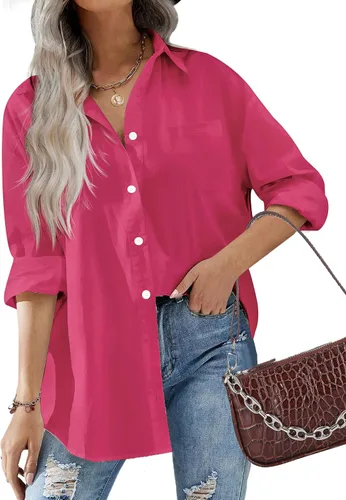Miniatura 11 de HOTOUCH Camisas de gran tamaño con botones para mujer, blusa de hombro caída para oficina, de manga larga, estilo novio, camisa de vestir
