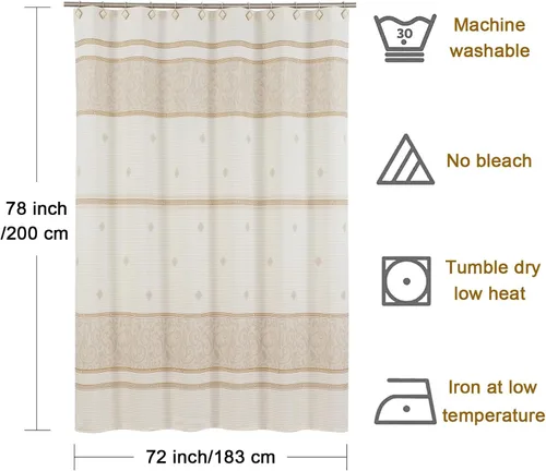 Miniatura 7 de Cortina de Ducha Larga de Tela, Cortinas de Ducha con Estampado de Rayas Beige y Damasco Taupe para Baño, Cortinas de Baño Impermeables, 72" An x