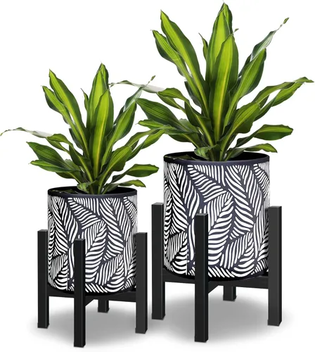 Miniatura 10 de Juego de 2 macetas con soportes, macetas de mediados de siglo para plantas de interior, macetas decorativas modernas para flores para balcón, Blanco