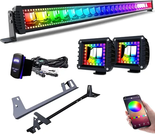 Miniatura 10 de Barra de luz LED RGBW de 52 pulgadas, 300W, combo de inundación y foco, 2 módulos LED RGB de inundación de 4 pulgadas con 16 colores sólidos, anillo