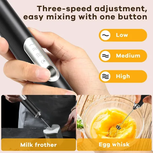 Miniatura 3 de Espumador de leche recargable, Espumador de leche de mano, 3 cabezas recargables mini agitadores mezcladores de bebidas, 3 velocidades ajustables
