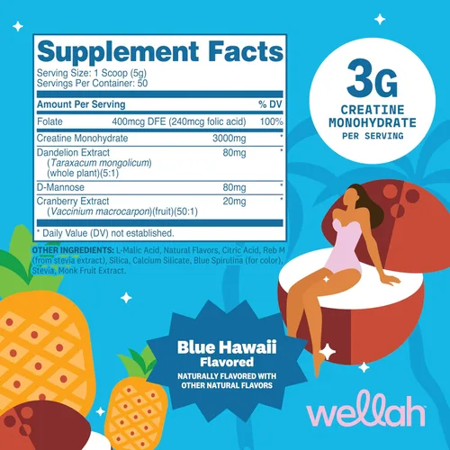 Miniatura 2 de Wellah Creatina para mujer (50 porciones) Blue Hawaii - 0.11 onzas de monohidrato de creatina en polvo con diente de león y extracto de arándano