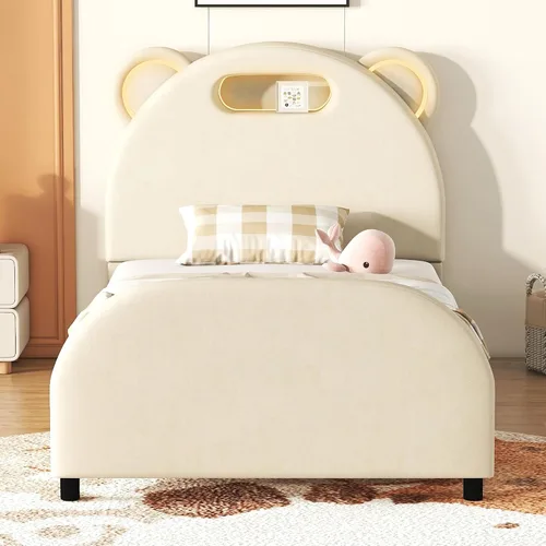 Miniatura 3 de Cama de plataforma tapizada de tamaño individual con cabecero en forma de oso y rayas de luz incrustadas, bonito marco de cama de plataforma