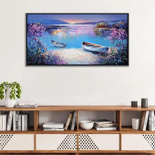 Miniatura 4 de YCPRIMER Gran Arte de Pared de Paisaje para Sala de Estar, Lienzo de Decoración de Pared con Flores, Arte de Decoración en Azul y Morado, Cuadro