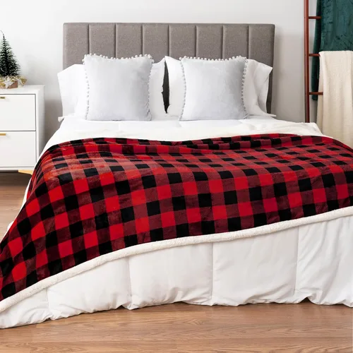 Miniatura 5 de PAVILIA Manta Sherpa a cuadros Buffalo negros y rojos para sofá individual, manta de franela suave y esponjosa para cama, manta de forro polar a