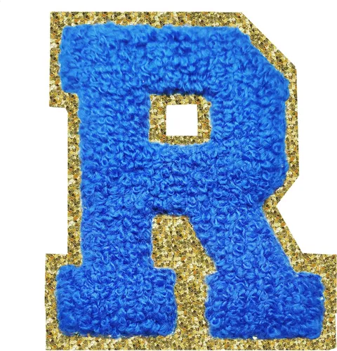 Miniatura 107 de Parches de letras termo-adhesivas de felpilla para chaquetas, parches de letras universitarias con brillantina para planchar en la letra azul A