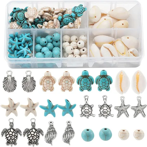 Miniatura 10 de SUNNYCLUE 1 Caja 540 piezas Kit de Cuentas Oceánicas Vidrio Verano Pez Estrella de Mar Dijes Azul Hawaii Animales Marinos Dije Cuentas de Semillas