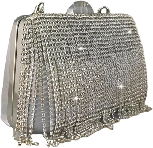 Miniatura 4 de Boutique De FGG Bolso de mano de cristal con borla, elegante bolso de noche para novias, bolsos de diamantes de imitación de fiesta de boda