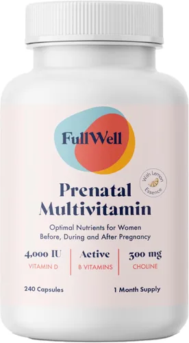 FullWell Vitaminas Prenatales de Limón | colina, ácido fólico, vitamina D para el crecimiento fetal, desarrollo cerebral | 26 Nutrientes Vitales |