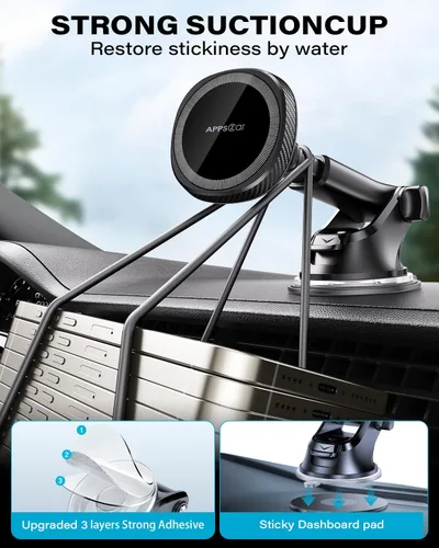 Miniatura 7 de APPS2Car Soporte magnético para teléfono MagSafe para iPhone, soporte magnético para salpicadero de parabrisas con brazo telescópico y ventosa