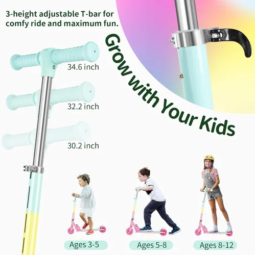 Miniatura 4 de BELEEV V2 - Scooter para niños con ruedas y tallo y plataforma iluminados, scooter plegable de 2 ruedas para niñas y niños, 3 alturas ajustables
