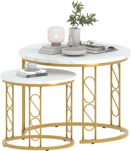Miniatura 11 de Garden 4 you Mesa de Centro Anidable, Juego de Mesa de Centro Redonda de 23.6", Juego de 2 Mesas Anidables de Madera con Marco de Metal, Mesas