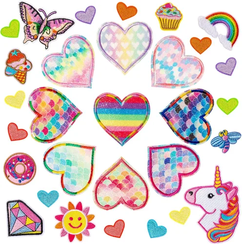 30 parches para planchar en forma de corazón, coloridos parches para planchar en las rodillas para niñas, parches bordados para coser en apliques