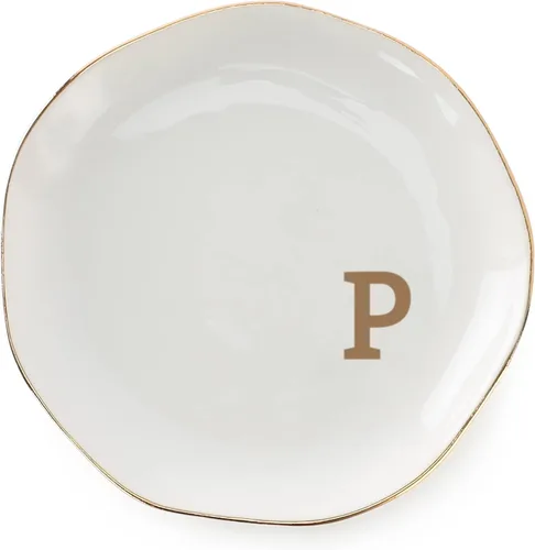 Bandeja de joyería con iniciales para anillos con monograma en P, regalos de compromiso de boda para mujeres, amigas, hermana, cerámica blanca