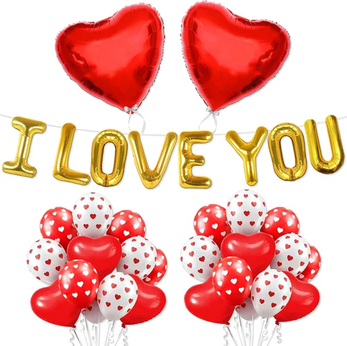 Katchon - Globos de látex, 35 unidades, decoración para el Día de San Valentín diseño de corazón / letras I Love You, color rojo y blanco
