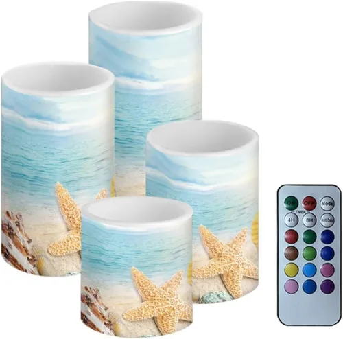 Miniatura 18 de Velas LED parpadeantes operadas por batería, juego de 4 con control remoto y temporizador, velas de llama danzante, velas de pilar para mesa, Playa