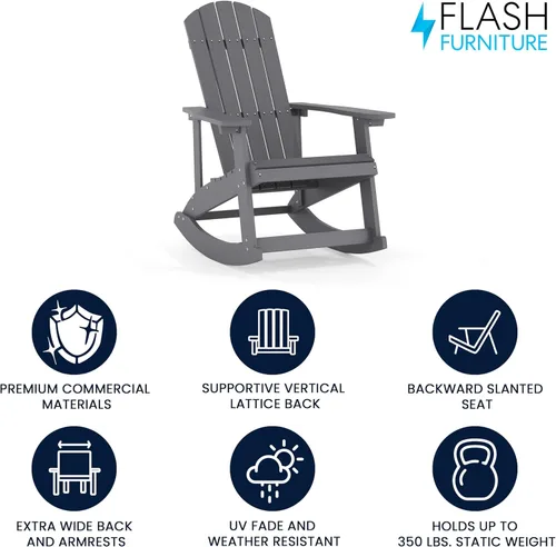 Miniatura 4 de Flash Furniture Savannah - Mecedora Adirondack de madera de poliresina, poliestireno gris para todo tipo de clima, herrajes de acero inoxidable