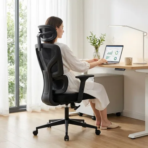 Miniatura 14 de Silla de oficina ergonómica con soporte lumbar ajustable, silla de escritorio de oficina en casa, cómoda silla de juegos de malla con reposabrazos
