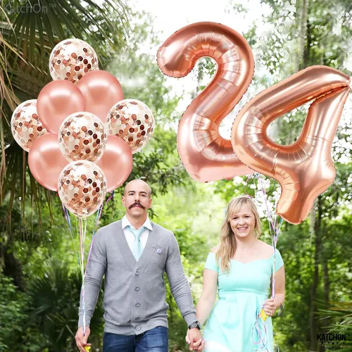 Miniatura 8 de KatchOn, Globos de oro rosa con el número 24, 40 pulgadas, globos de cumpleaños 24 para mujer, globos del número 24 con globos de confeti