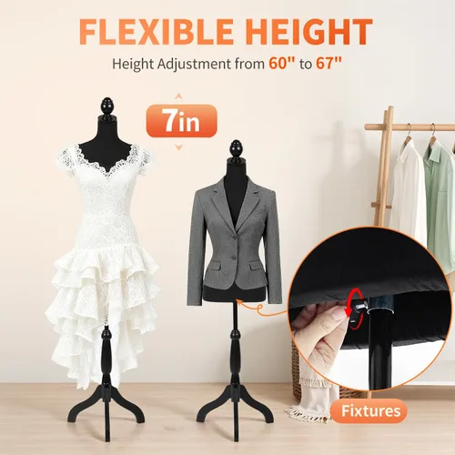 Miniatura 6 de FDW Maniquí 60"-67" de altura ajustable, modelo de vestido femenino, soporte de trípode para exhibición de torso y cuerpo, formas de ropa (negro)