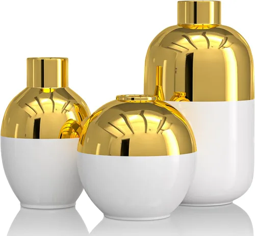 Miniatura 8 de Juego de 3 jarrones de cerámica dorados brillantes, jarrones decorativos modernos redondos dorados para decoración de zacate de las pampas