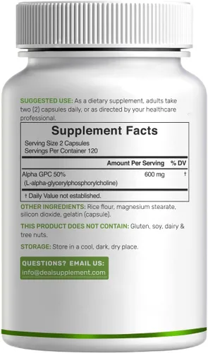 Miniatura 6 de Alpha GPC 600 mg por porción, 240 cápsulas – Reposición de colina biodisponible – Suplementos nootrópicos para la salud cerebral, memoria