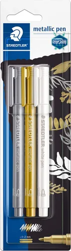 STAEDTLER 8323-S BK3 Pack of Gold and Silver Metallic Pens and a White Marker Pen