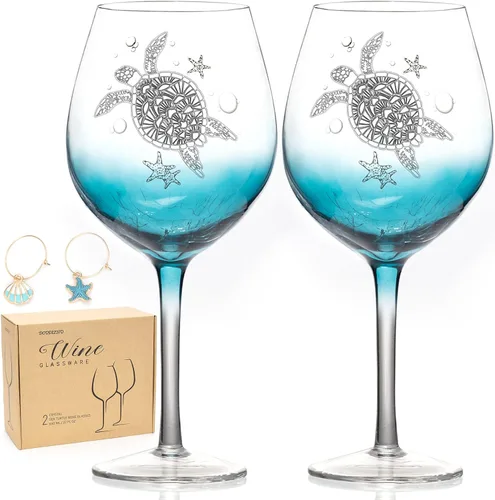 Miniatura 7 de Copas de vino de tortuga sopladas a mano para vino tinto y blanco, cristalería de tallo burbujeante de 19 onzas sin plomo (juego de 2). Regalos