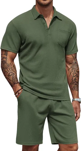 COOFANDY Conjunto de camisa polo y pantalones cortos de punto gofre para hombre, conjunto de 2 piezas, traje de verano casual con bolsillos