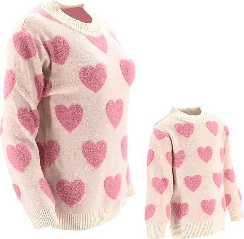 Miniatura 6 de Unique Baby Suéter de punto con cuello redondo para niñas Mommy and Me, Rosado con corazones