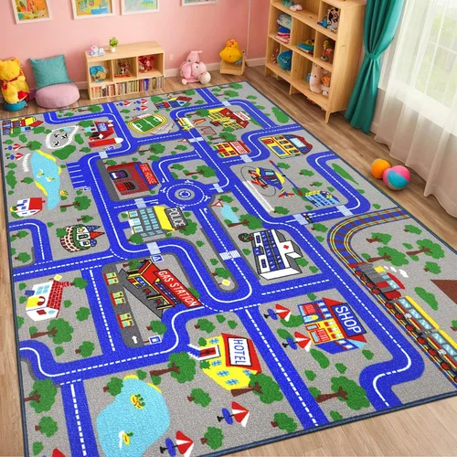 Alfombra de juego para niños de 6.6 x 5.0 pies, alfombra azul para niños para autos de juguete, alfombra antideslizante de mapa de la ciudad,