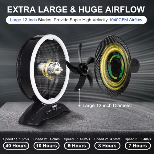 Miniatura 5 de Ventilador de campamento con batería de 45000 mAh con pantalla y LED, ventilador grande recargable de 12 pulgadas, flujo de aire de alta velocidad